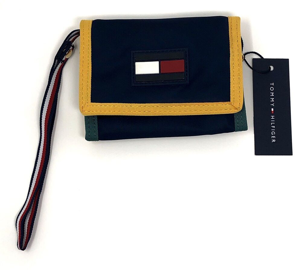 Tommy Hilfiger Nylon Trifold Wallet Yellow Big Flag NWT Wristlet Strap LEAH